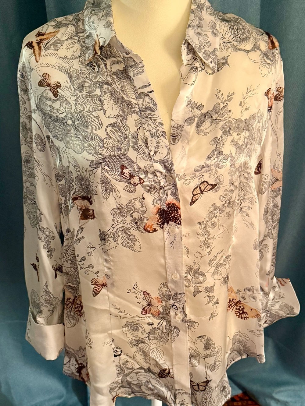 Paperwhite Silk Floral Button-Down Shirt in Neutrals on White with Butterflies